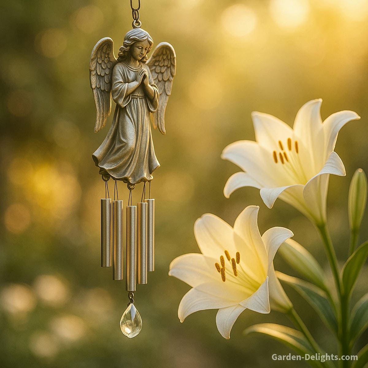 Angel wind chimes shimmering in soft golden light beside white lilies, symbolizing divine protection, peace, remembrance, and Feng Shui metal energy that blesses the home with spiritual calm