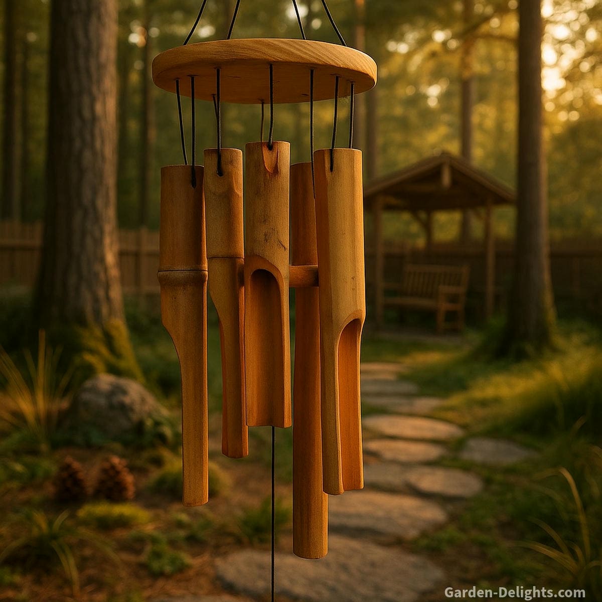Bamboo wind chimes swaying in a tranquil garden pathway, symbolizing peace, renewal, and Feng Shui balance through soft, natural wooden tones and mindful outdoor energy flow