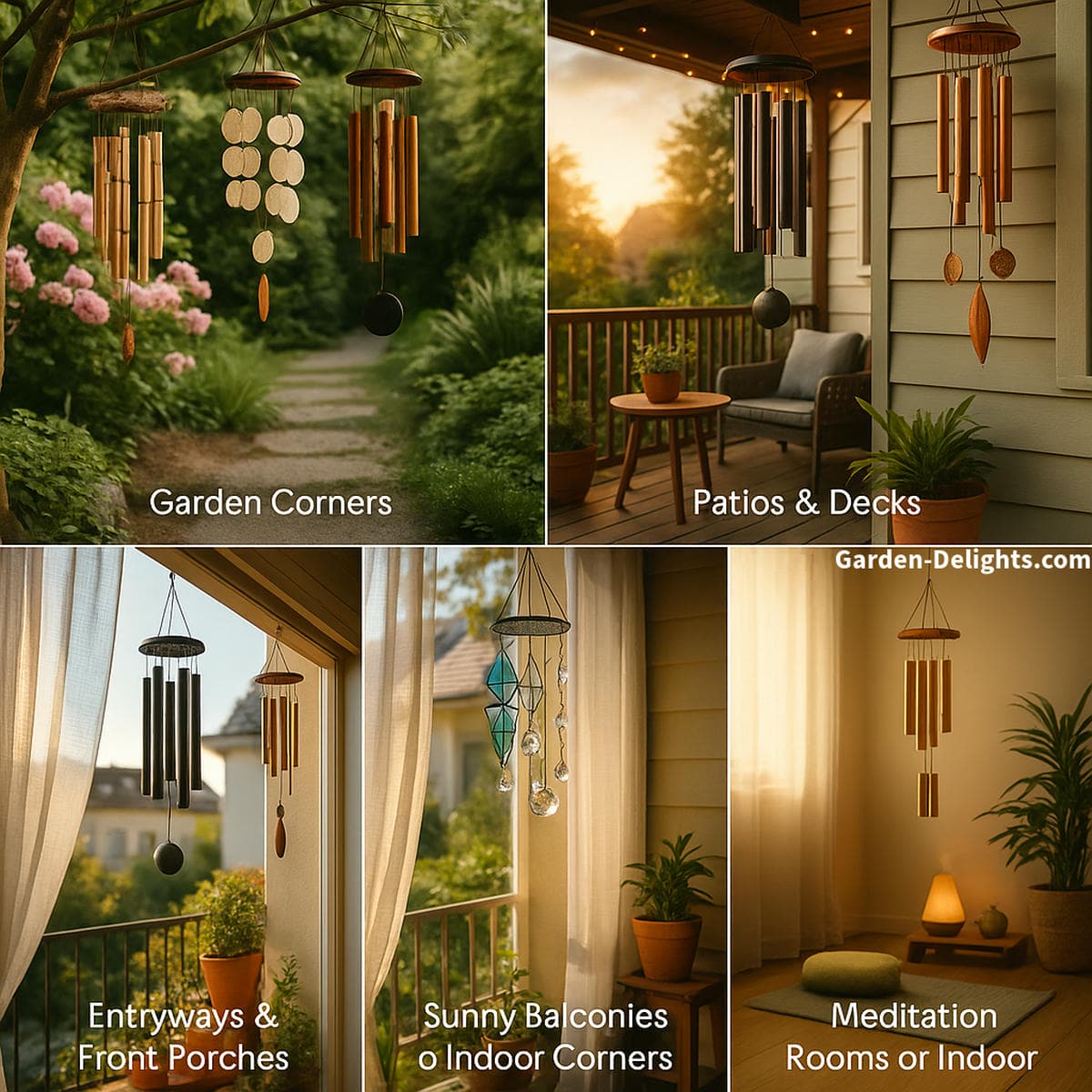 Visual wind chime placement guide with bamboo, metal, crystal, and solar chimes positioned in garden corners, patio spaces, entryways, balconies, and indoor meditation rooms—symbolizing sound therapy, Chi flow, and decorative balance