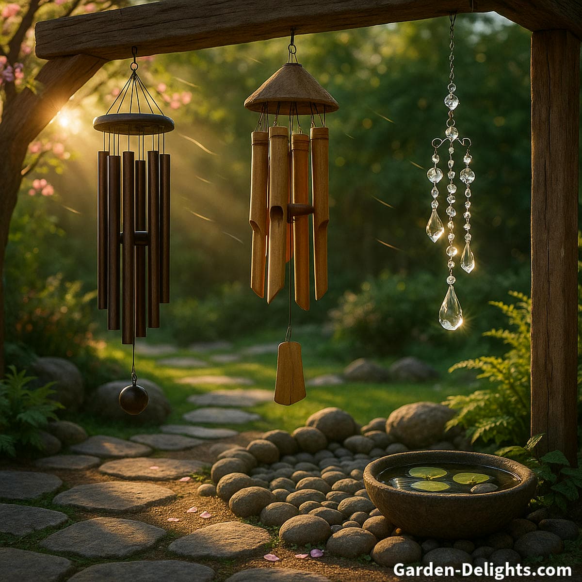 Metal, bamboo, and crystal wind chimes hanging in a tranquil garden at golden hour—symbolizing harmony, emotional healing, Feng Shui Chi flow, and mindful decor for outdoor serenity