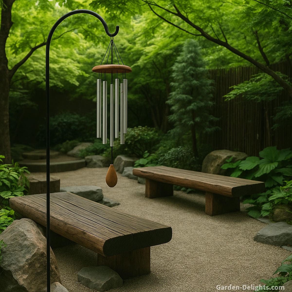 Single wind chime hanging from a shepherd’s hook in a tranquil Zen garden with wooden benches, lush greenery, and gravel path—symbolizing Feng Shui sound alignment, emotional clarity, and placement harmony