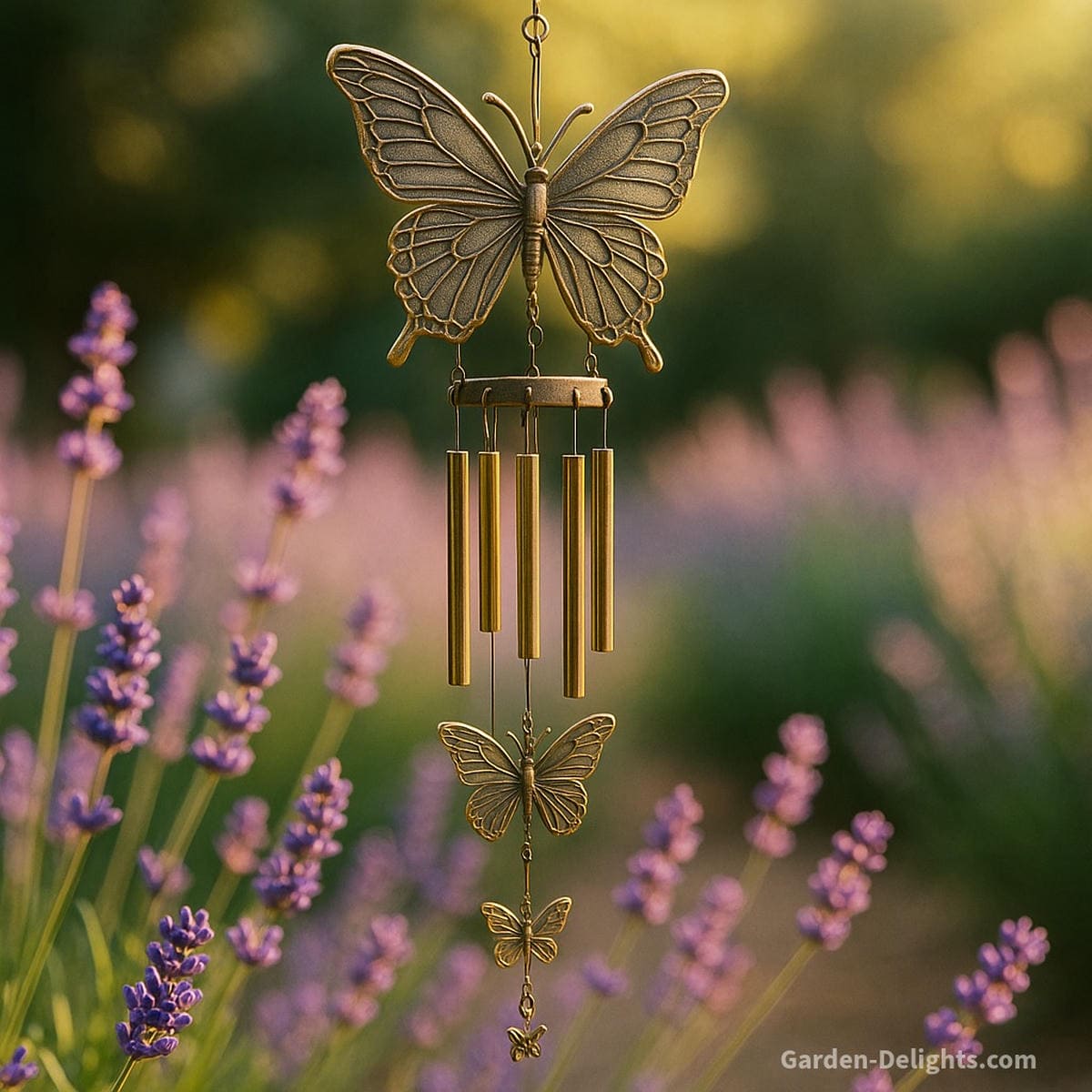 Butterfly wind chimes fluttering in sunlight above blooming lavender, symbolizing transformation, renewal, and joyful energy through delicate tones and Feng Shui balance