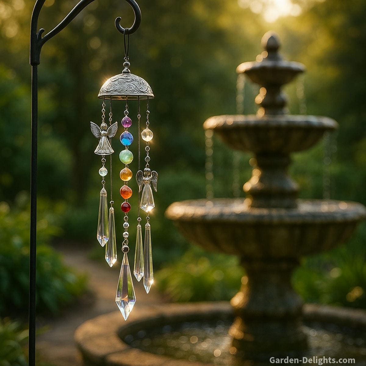 Crystal wind chimes with chakra stones and angel motifs hanging beside a memorial garden fountain, radiating soft glowing tones of spiritual healing, emotional uplift, and divine connection in Feng Shui alignment