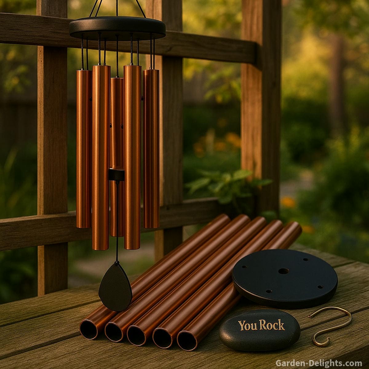 Copper wind chimes glowing in afternoon sun on a garden trellis, symbolizing warmth, healing resonance, and Feng Shui metal energy with mellow harmonic tones
