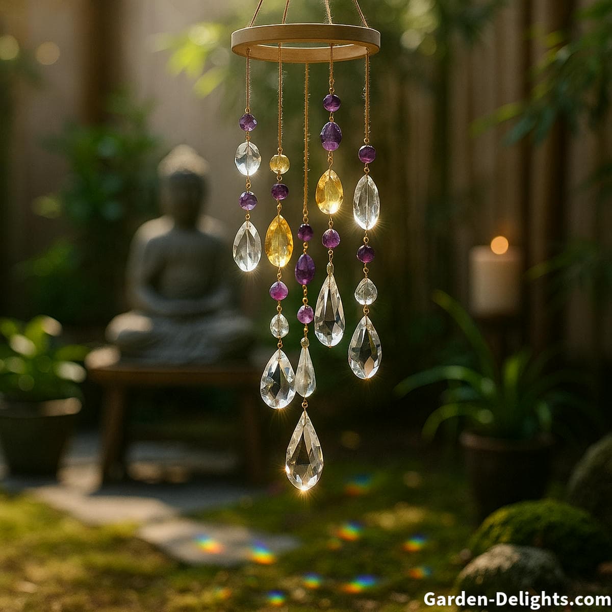 Crystal wind chimes shimmering in golden sunlight with faceted gemstones reflecting rainbow light, symbolizing chakra alignment, sound healing, and Feng Shui energy therapy in a peaceful garden sanctuary