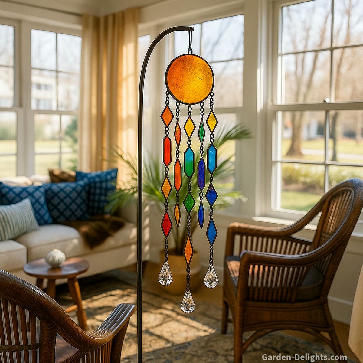 Decorative wind chimes made of stained glass and crystal hanging in a sunlit garden room—symbolizing emotional clarity, light resonance, and spiritual harmony through color and mindful motion