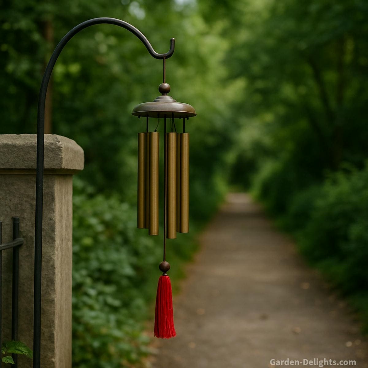 Feng Shui wind chimes with metal rods and red tassels hanging at a garden entrance, symbolizing wealth cure, Chi activation, and harmonious energy flow through Bagua zones