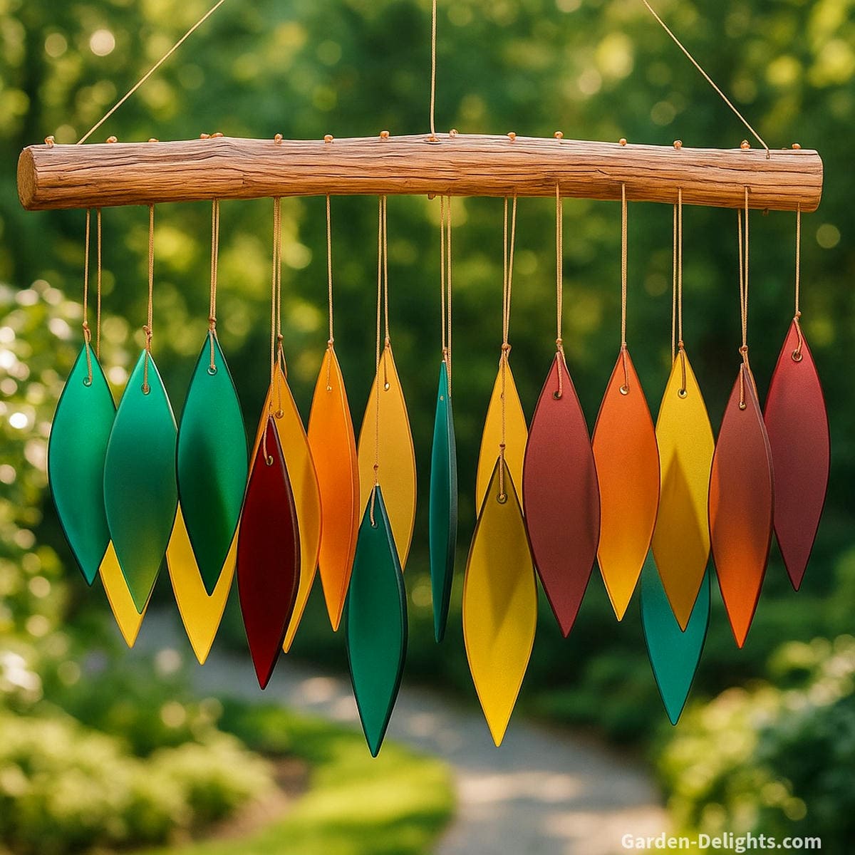 Colorful leaf-shaped glass wind chimes hanging from driftwood, reflecting rainbow hues of blue, amber, green, and gold in sunlight—symbolizing emotional harmony, Feng Shui balance, and vibrant sound healing energy