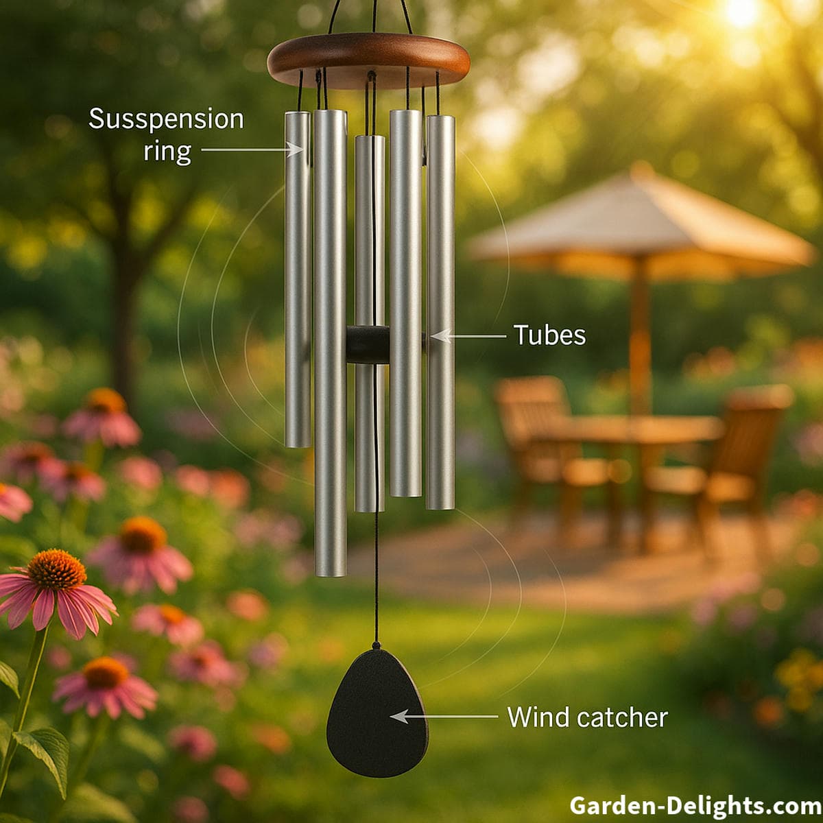 Wind chimes swaying gently in the breeze, illustrating acoustic vibration and healing sound flow through clapper and tuned tubes