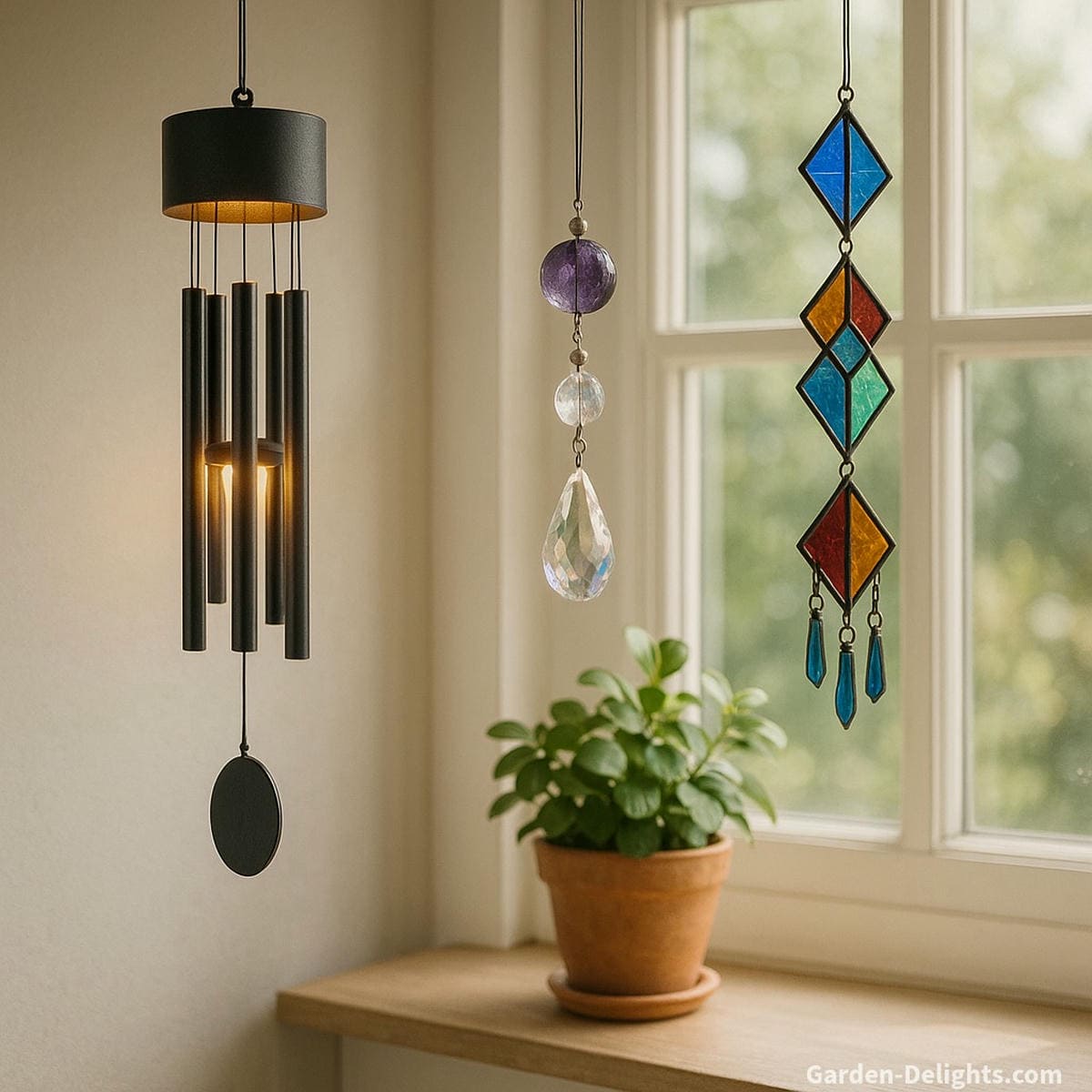 Electric indoor wind chime with soft LED glow beside crystal and stained glass chimes in a tranquil apartment room—symbolizing energy balance, sound healing, and light-infused serenity
