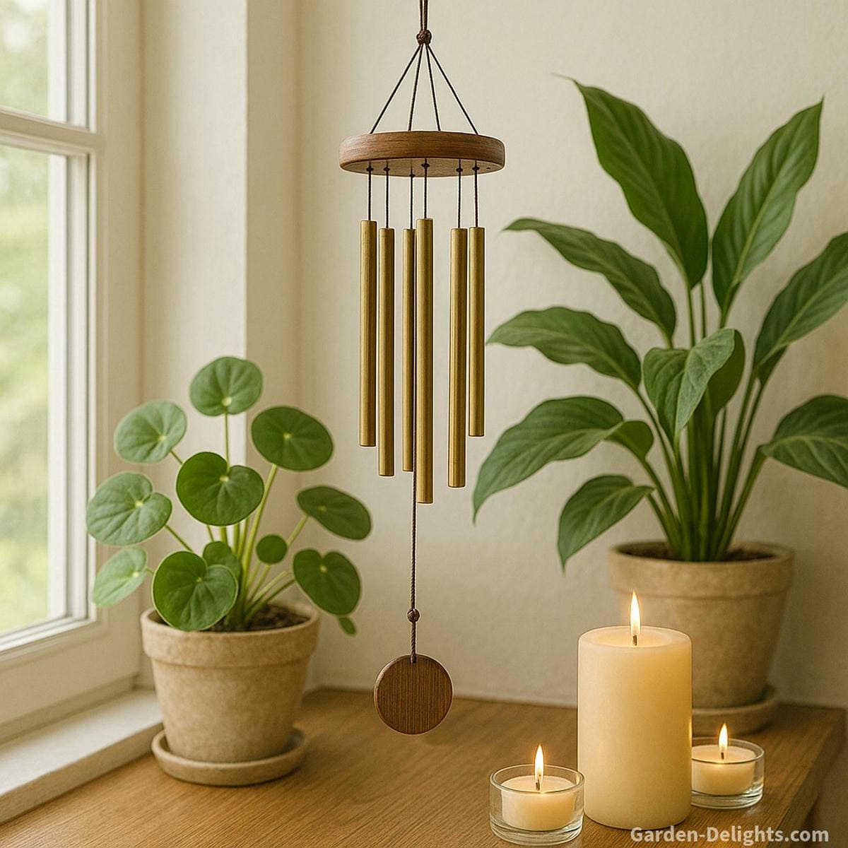 Indoor wind chimes hanging near a sunlit window beside plants and candles, symbolizing relaxation, mindfulness, and Feng Shui balance within peaceful home spaces