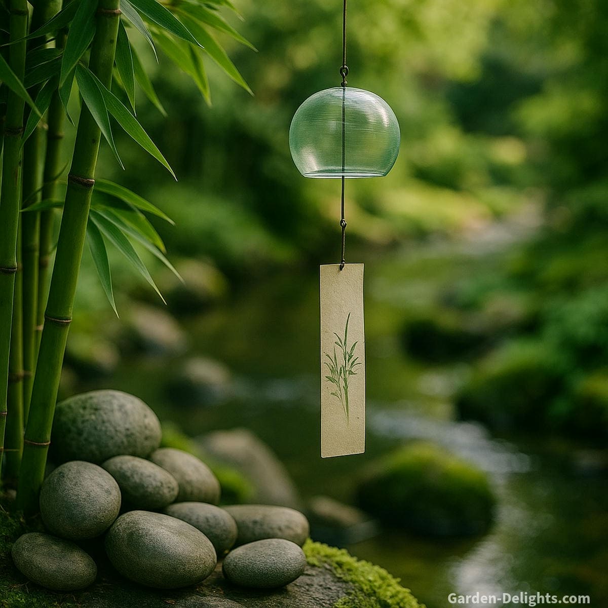 Japanese Furin wind chime hanging peacefully near bamboo and river stones, symbolizing seasonal mindfulness, meditative sound, and serene garden energy