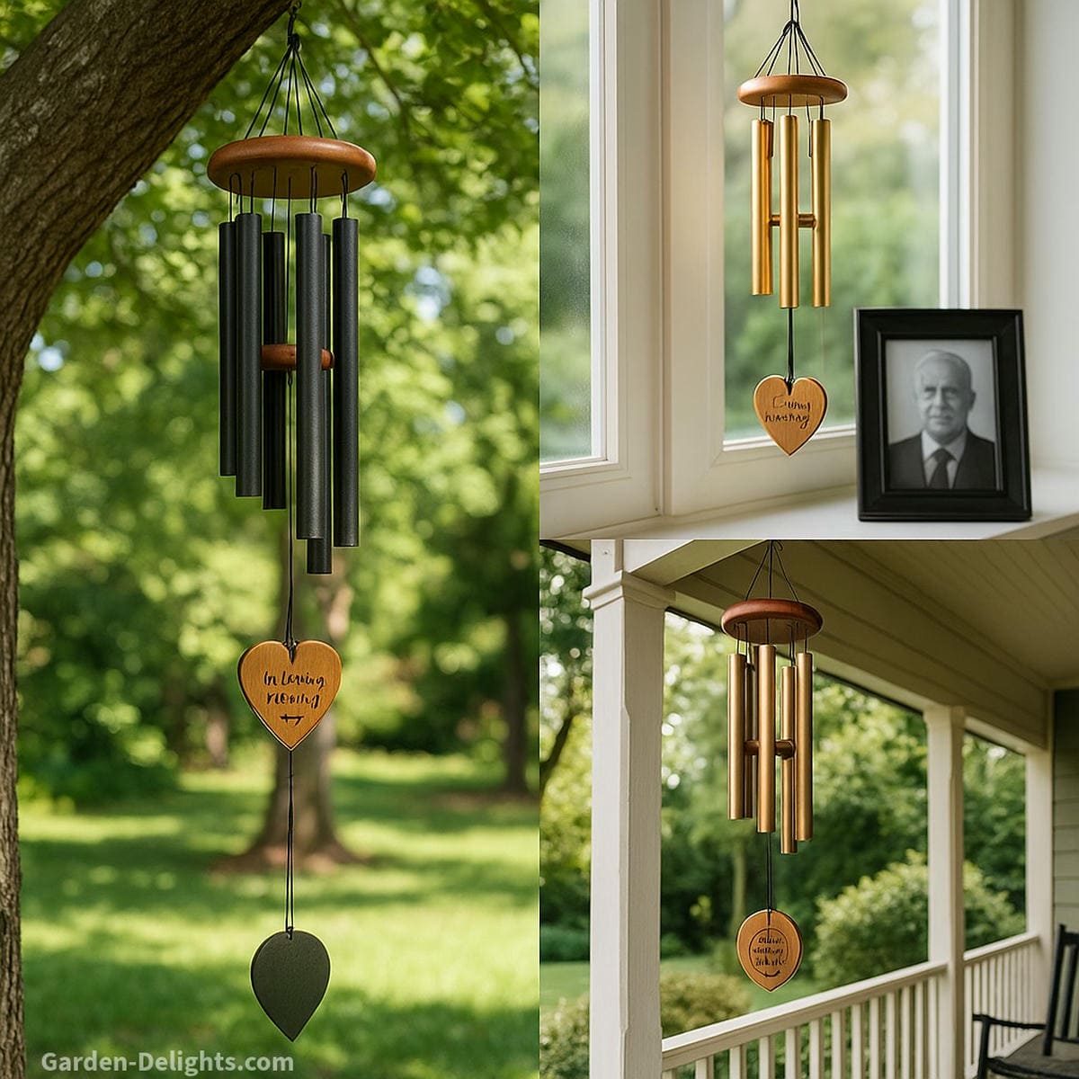 Memorial wind chimes gently hanging under a tree, near a tribute photo by a sunny window, and on a peaceful porch—symbolizing remembrance, grief healing, Feng Shui family harmony, and comforting sound rituals
