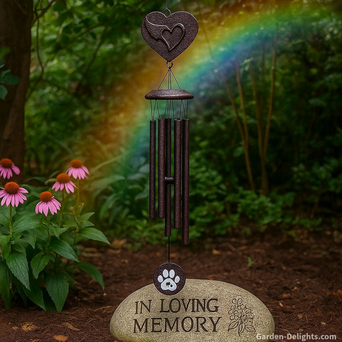 Pet memorial wind chimes hanging above a remembrance garden stone engraved with paw prints and flowers, symbolizing eternal love, healing comfort, and spiritual connection across the Rainbow Bridge