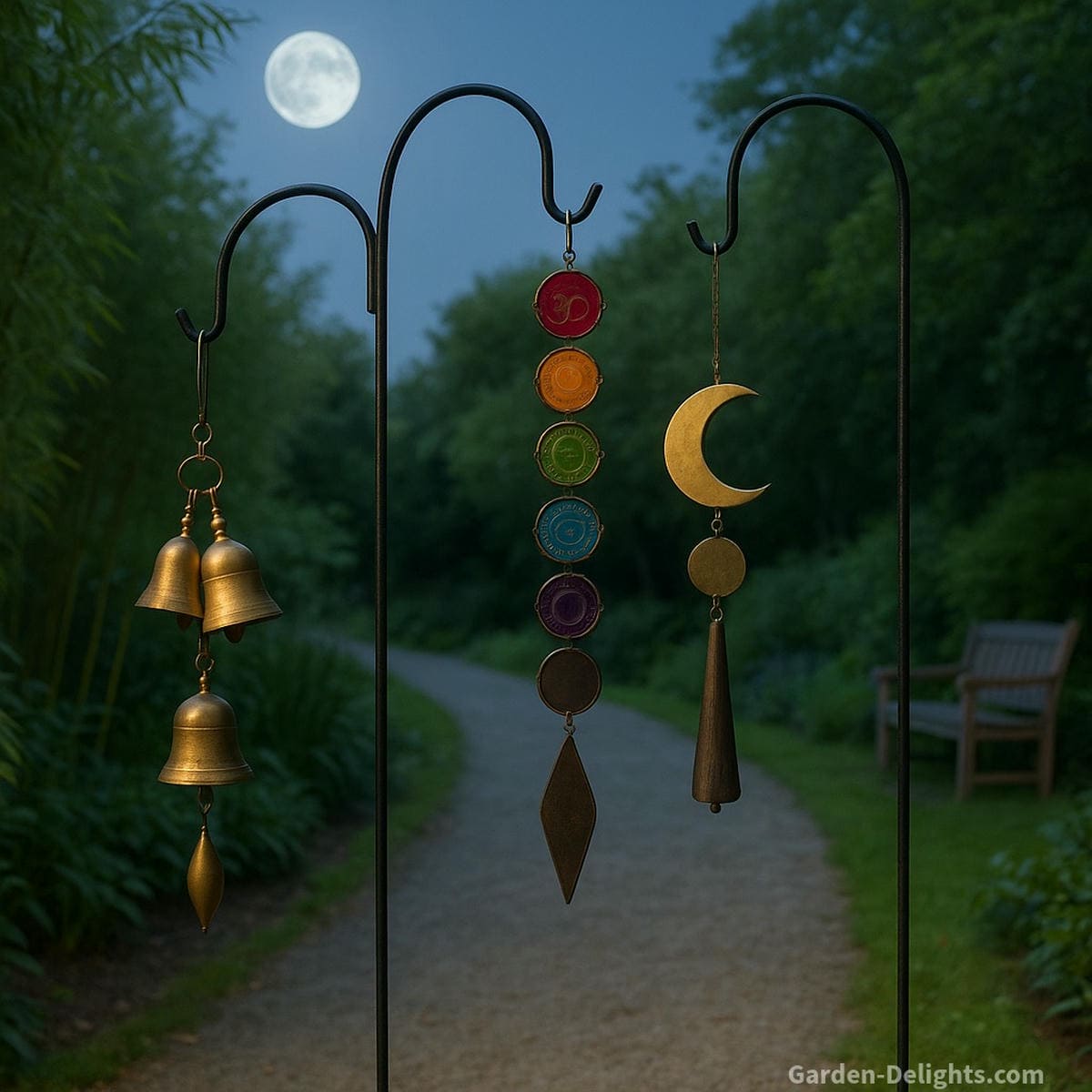 Spiritual wind chimes like Indian temple bells, chakra chimes, and moon-themed designs hanging on a shepherd’s hook by a garden path—symbolizing sound healing, intuitive energy, and sacred outdoor ambiance