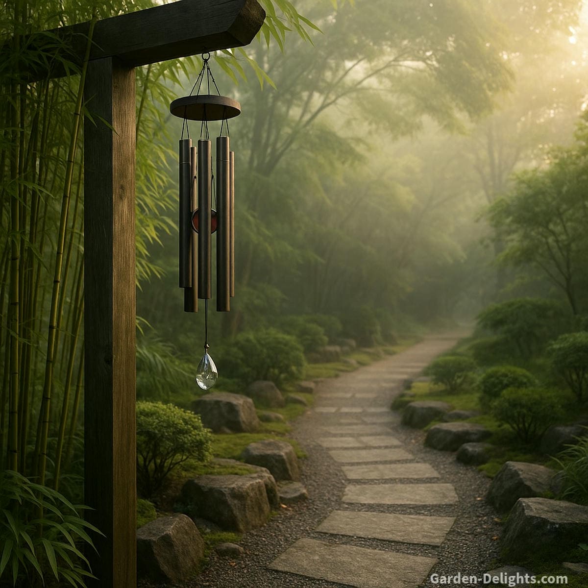 Spiritual wind chimes hanging from a wooden pergola beside a Zen garden pathway, surrounded by bamboo, soft morning mist, and grounding earth elements—symbolizing clarity, Chi flow, and mindful outdoor energy cleansing