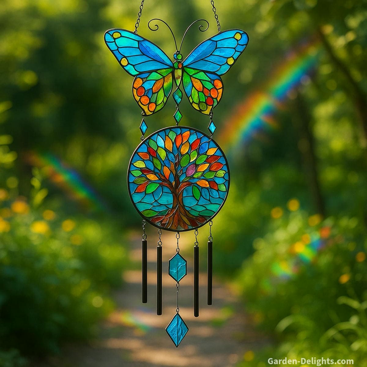 Stained glass butterfly and Tree of Life wind chime glowing with rainbow light in a lush garden, symbolizing transformation, joy, spiritual grounding, and Feng Shui energy balance