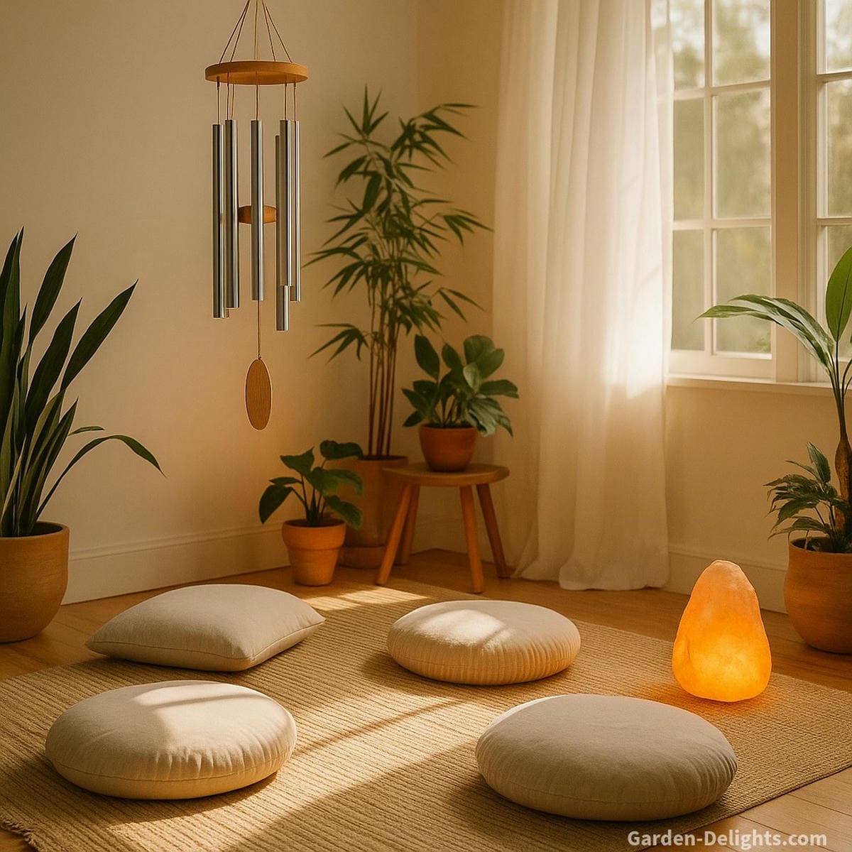 Tuned metal wind chimes hanging above a cozy meditation nook with soft pillows, bamboo plants, and sunlight filtering through sheer curtains—symbolizing relaxation, emotional grounding, and peaceful sound healing