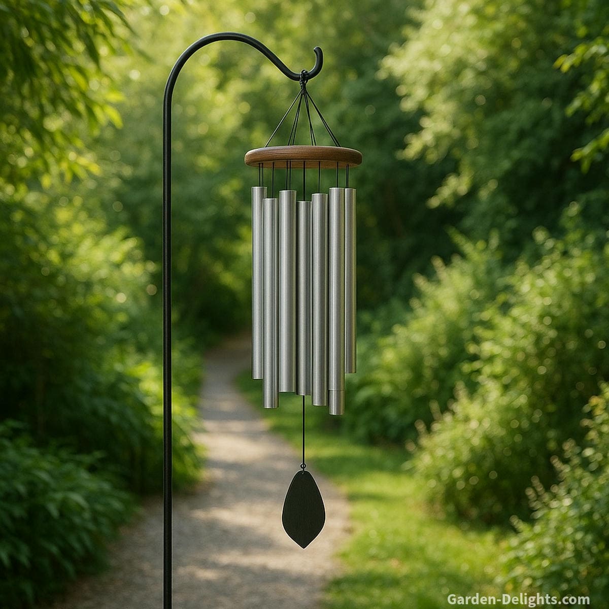 Tuned wind chimes precisely crafted for harmonic resonance and musical clarity, hanging in a peaceful garden surrounded by soft light and flowing greenery—symbolizing acoustic perfection, emotional harmony, and Feng Shui balance