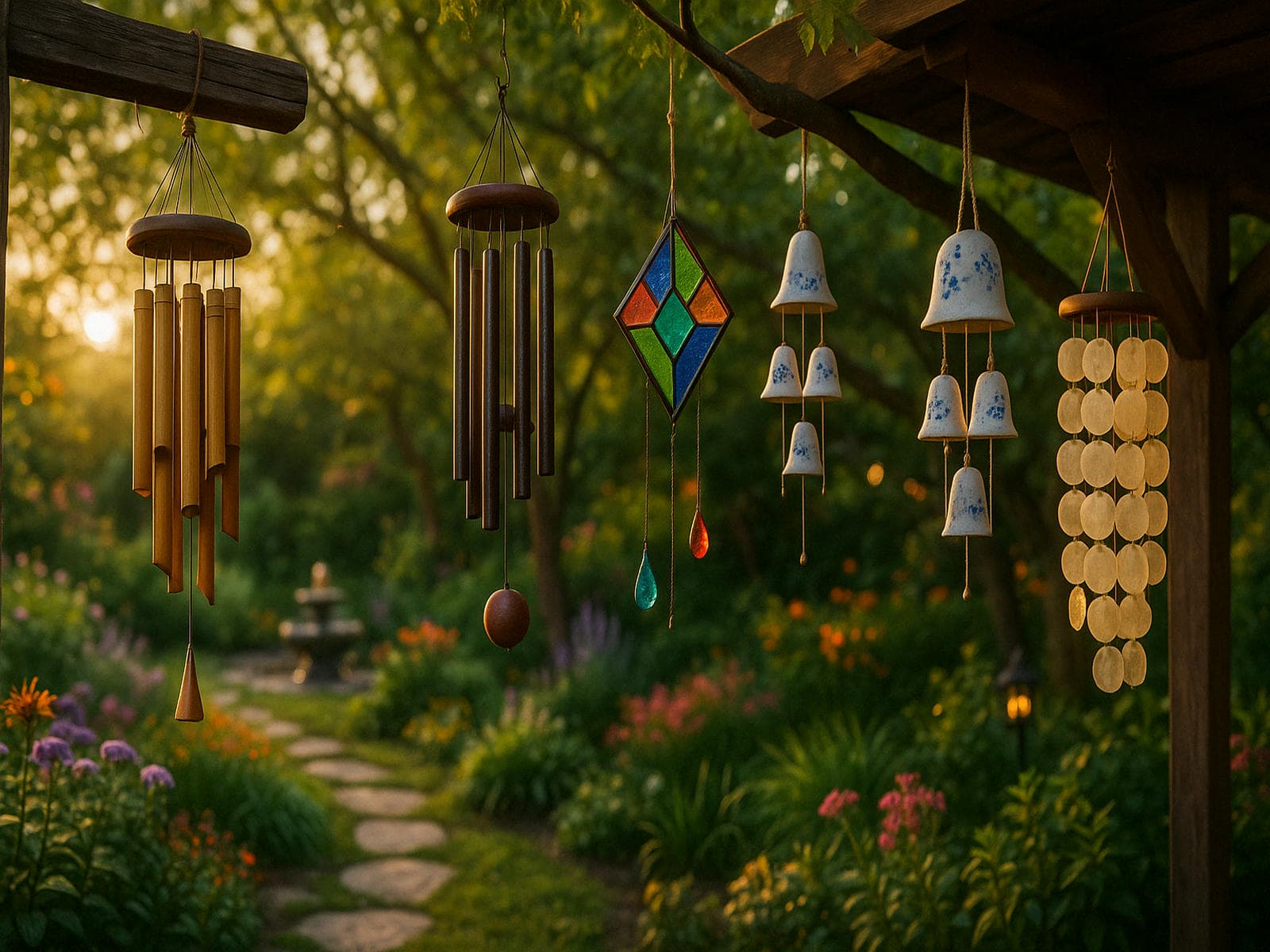 Types of wind chimes hanging in a golden-hour garden—featuring bamboo, metal, stained glass, ceramic, and capiz chimes swaying near a stone path and blooming flowers