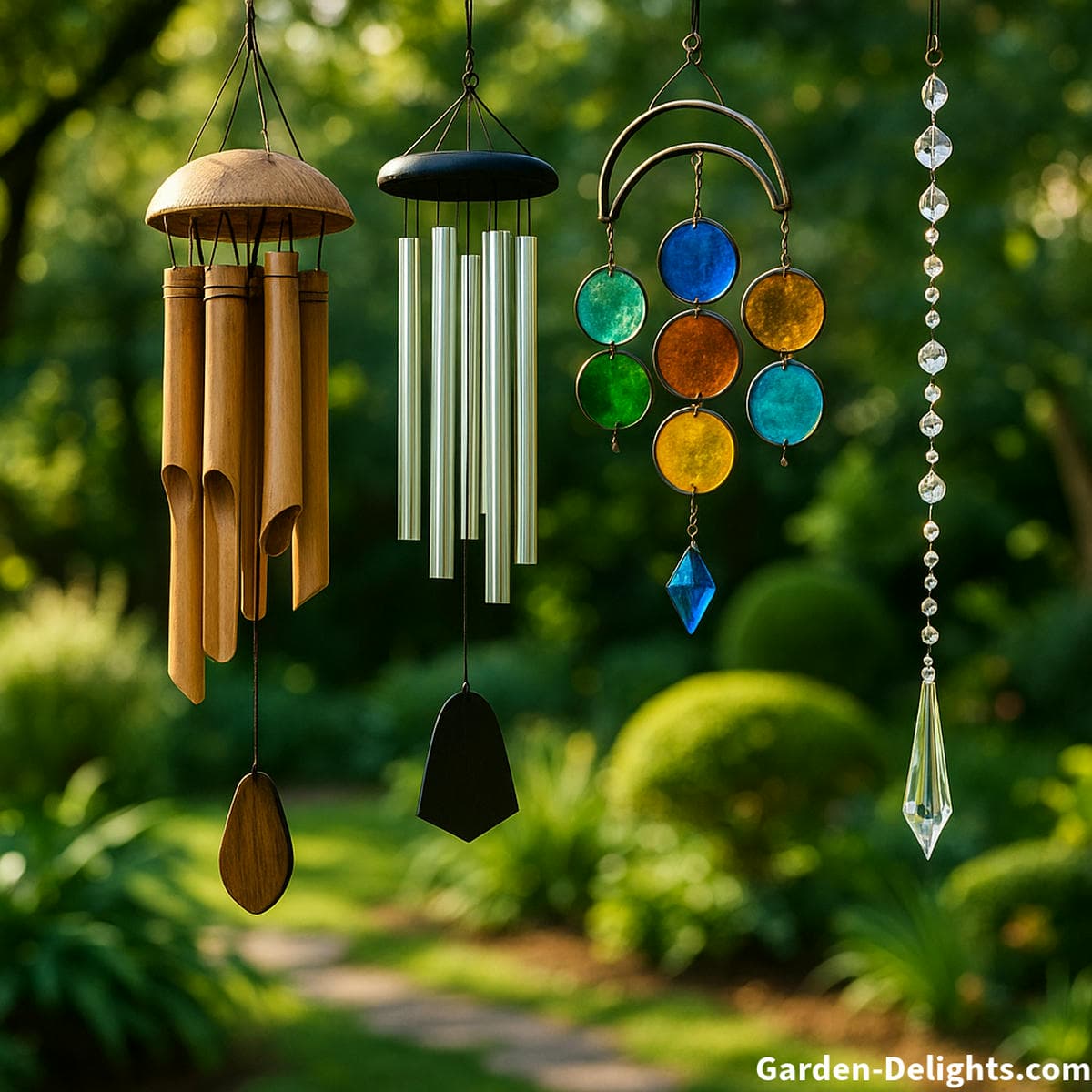 Collection of bamboo metal glass crystal and artistic wind chimes displayed in a garden creating a complete guide to materials sound qualities and placement ideas