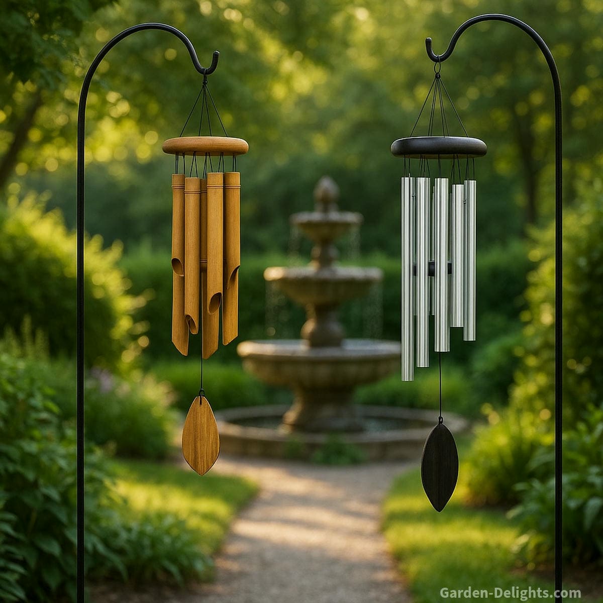 Two wind chimes—one metal, one bamboo—hanging on shepherd’s hooks beside a stone water fountain along a peaceful garden path surrounded by lush greenery, symbolizing balanced sound design, Feng Shui harmony, and acoustic serenity