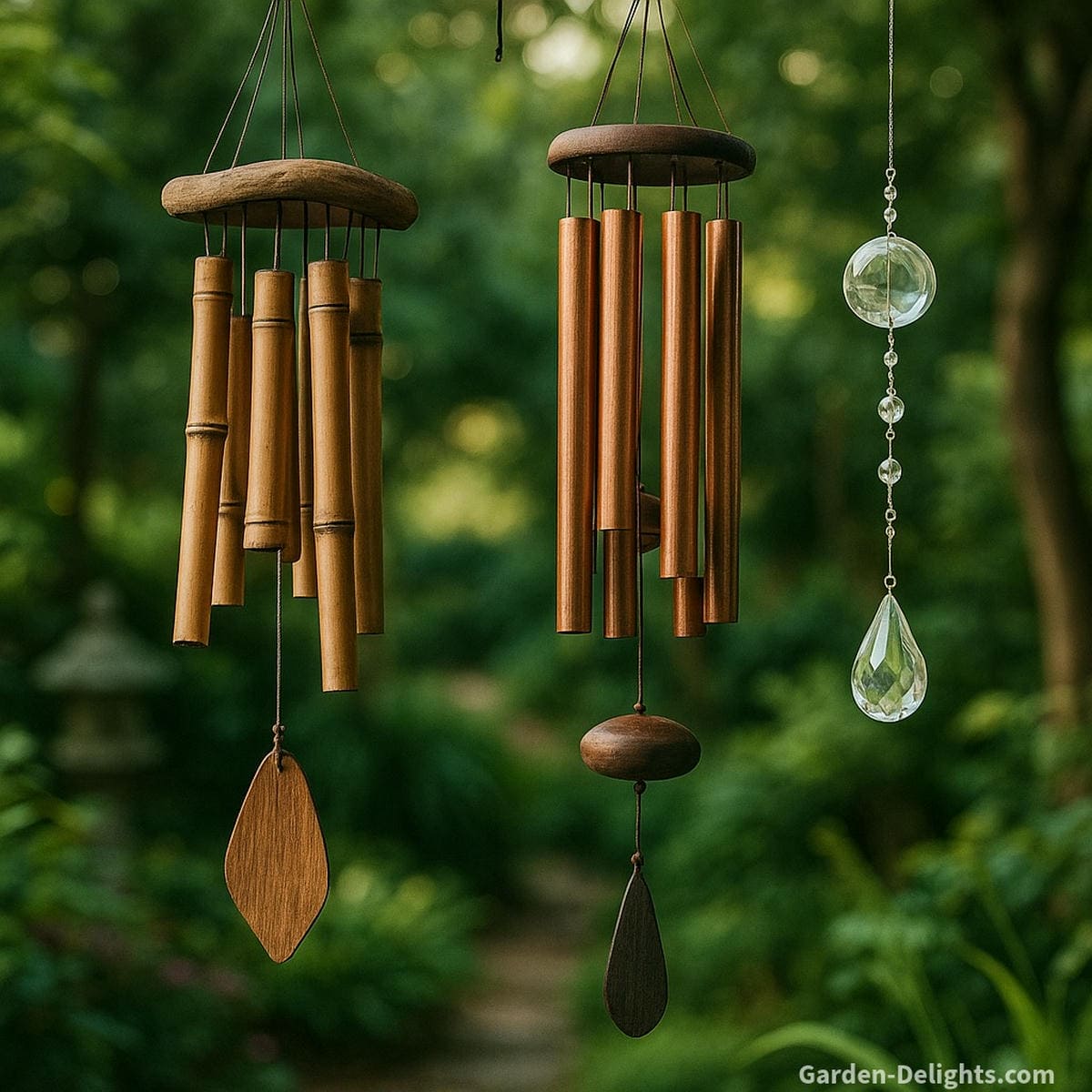 Wind chimes swaying in a tranquil garden, symbolizing spiritual protection, emotional healing, and remembrance with bamboo, copper, and crystal tones enhancing Feng Shui and grief support