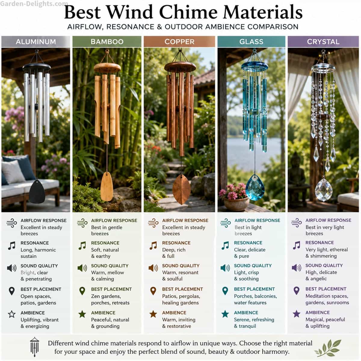 Wind chime material comparison showing aluminum, bamboo, copper, glass and crystal wind chimes responding to different airflow patterns in gardens, pergolas, patios and meditation spaces with visible resonance, sound projection and peaceful outdoor ambience
