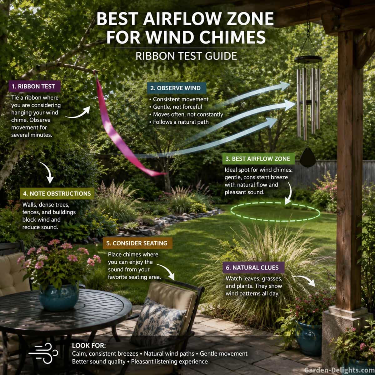 Backyard airflow testing diagram showing a ribbon test, leaves, ornamental grasses, seating area and wind chime placement zones, with calm breeze movement, gentle sound guidance and best airflow zone planning for patios and gardens.