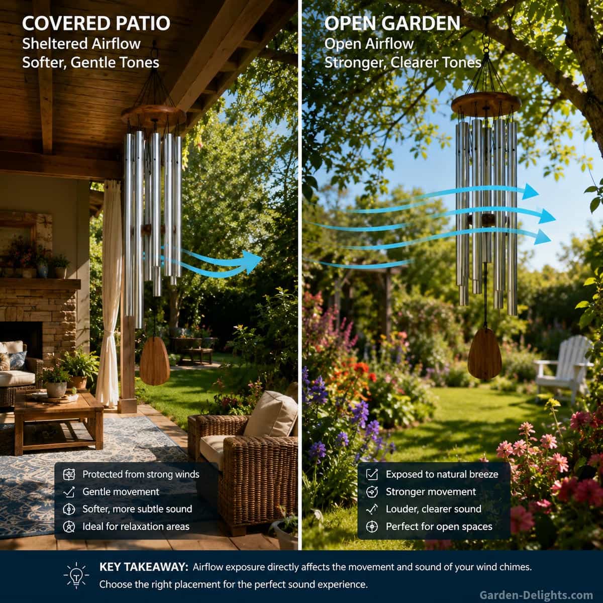 Covered patio and open garden wind chime placement comparison showing sheltered airflow and open breeze exposure