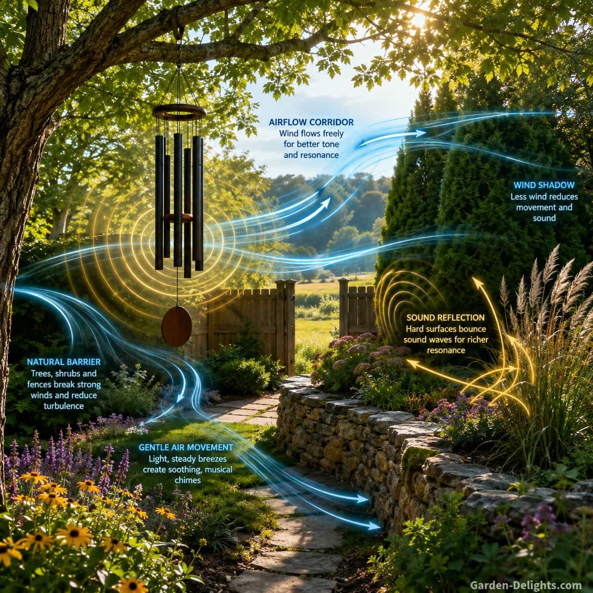 Wind chime airflow patterns moving through mature trees, fence openings, ornamental grasses and stone garden walls with visible airflow corridors, sound reflection zones, gentle resonance and peaceful outdoor listening spaces