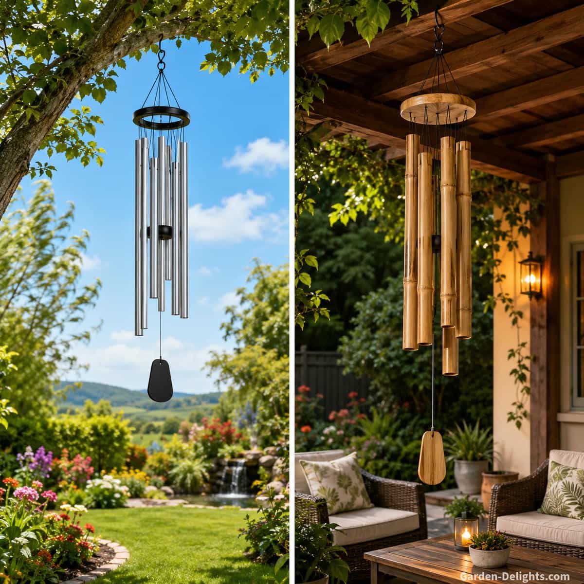 Open air vs sheltered wind chime placement showing aluminum chimes in an open garden and bamboo chimes under a covered patio with airflow corridors, sound projection and peaceful outdoor ambience
