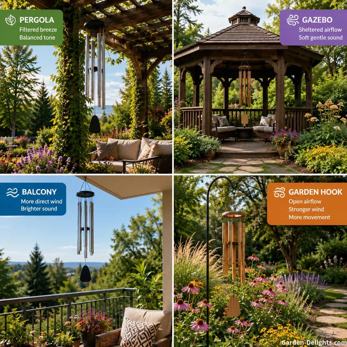 Wind chimes on pergola gazebo balcony and garden hook showing different airflow zones and outdoor sound behavior