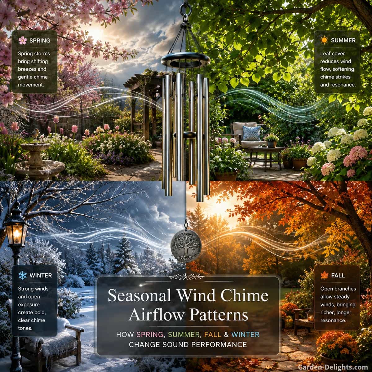 Four season wind chime airflow comparison showing spring storm breeze, summer leaf cover, fall open branches and winter gust exposure, with peaceful garden sound, seasonal placement guidance and changing outdoor resonance.