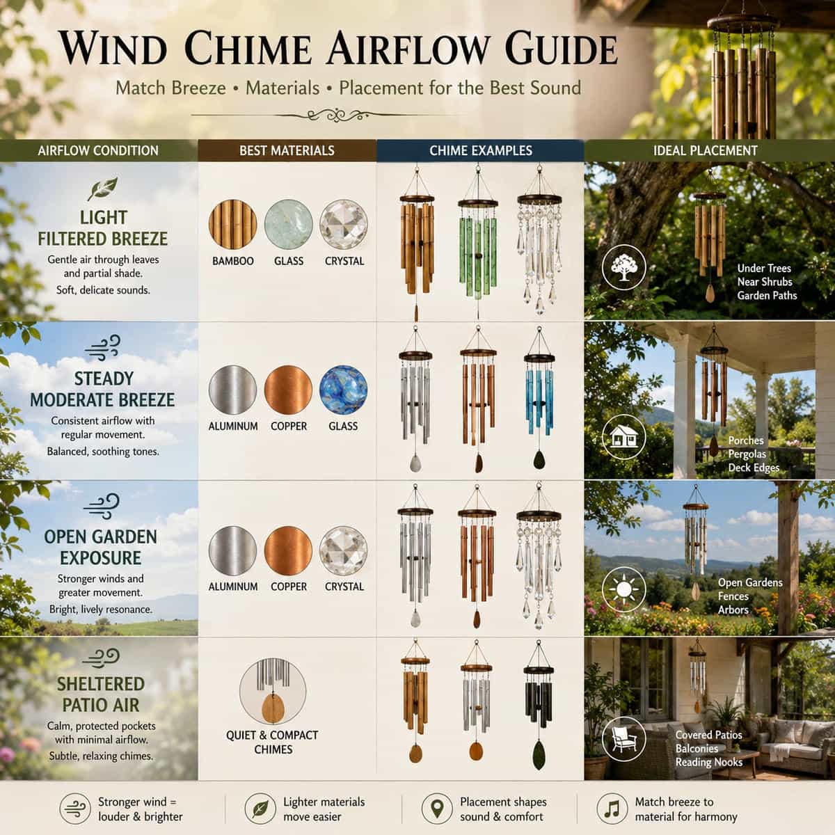 Wind chime airflow condition guide showing light filtered breeze, steady moderate breeze, open garden exposure and sheltered patio air with bamboo, glass, crystal, aluminum, copper and quiet compact chimes for calm outdoor sound placement.