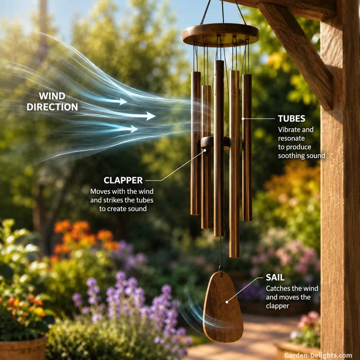 Wind chime airflow diagram showing wind direction moving the sail clapper and tubes for clearer sound and resonance