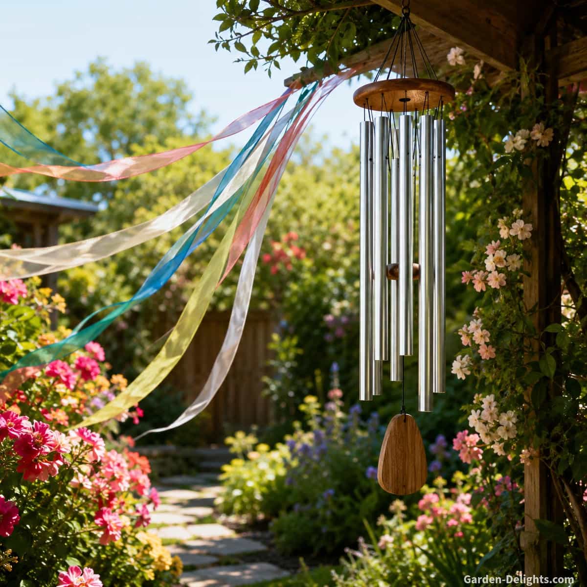 Wind chime airflow patterns in a garden with ribbons showing steady breeze movement around aluminum chimes and flower beds
