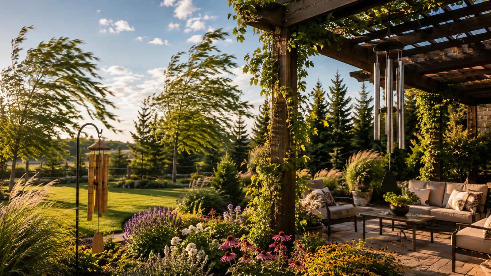 Wind chime airflow patterns in a garden with aluminum and bamboo chimes moving in a soft cross breeze near flowers, pergola beams and open outdoor seating