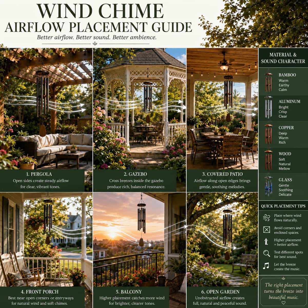 Wind chimes placed across a pergola, gazebo, covered patio, front porch, balcony and open garden, showing airflow patterns, peaceful sound movement, material resonance and outdoor placement guidance for better tone quality.