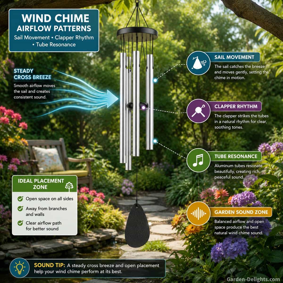Wind chime airflow patterns showing sail movement, clapper rhythm and aluminum tube resonance in a peaceful garden sound zone with open placement space and steady cross breeze