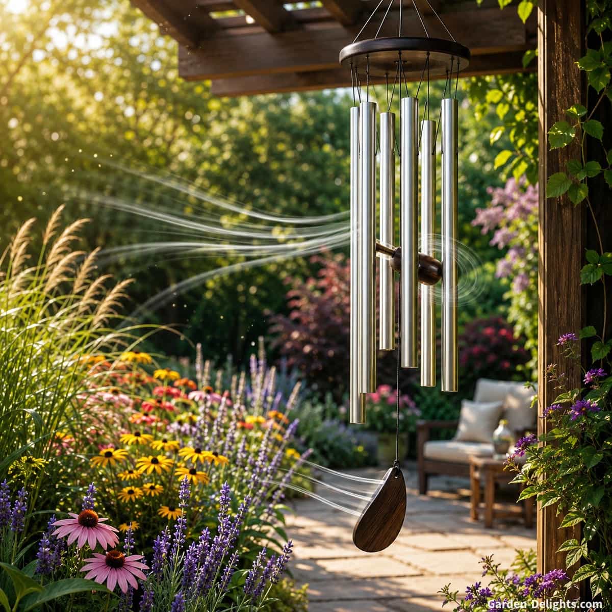 Wind chime breeze flow guide showing air movement activating the sail, clapper rhythm and tube resonance for calm outdoor garden sound placement