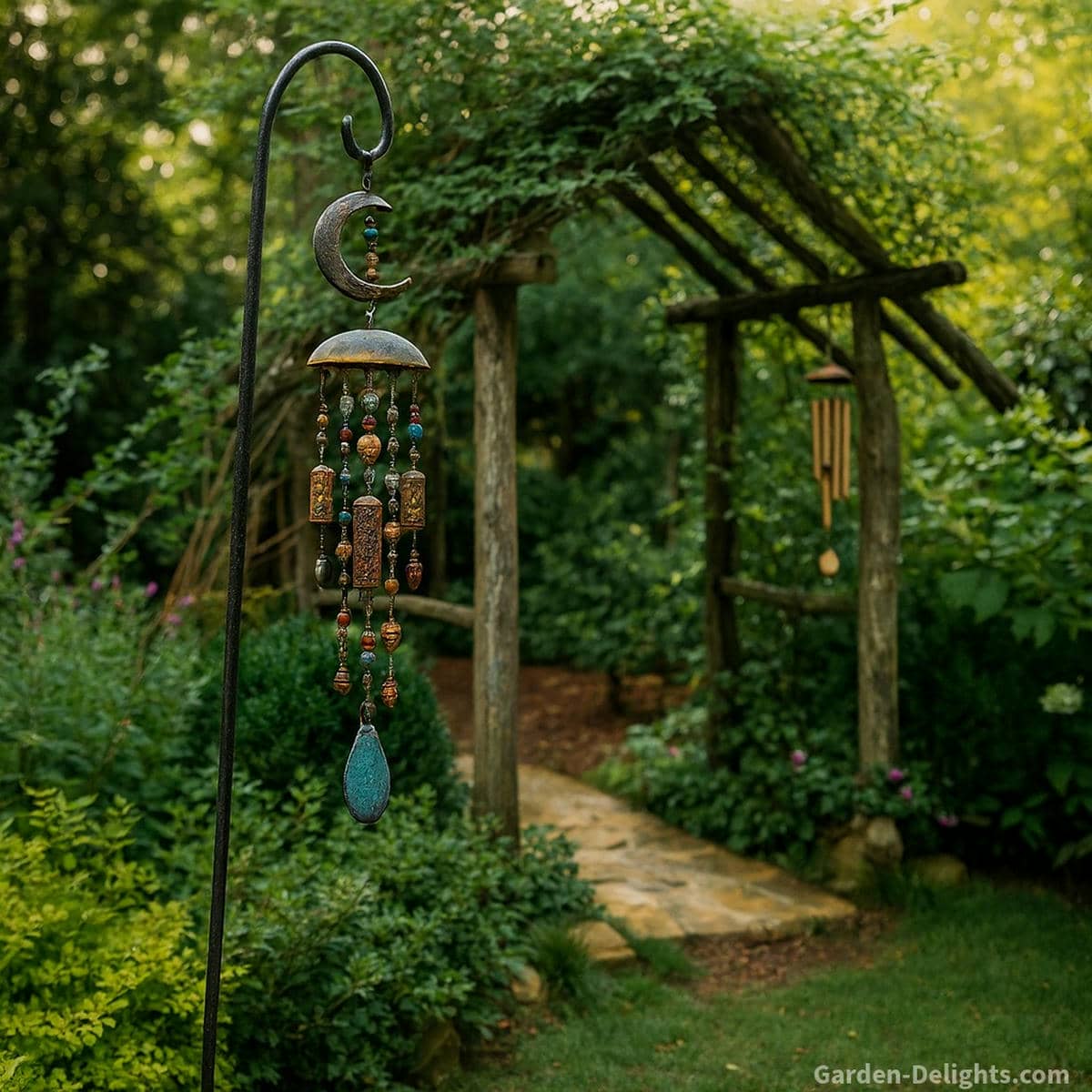 Handcrafted artisan wind chimes hanging in a rustic woodland garden, displayed on a shepherd’s hook beside a natural trellis walkway with bamboo chimes on the side post symbolizing expressive tone, artistic sound, and meaningful outdoor energy