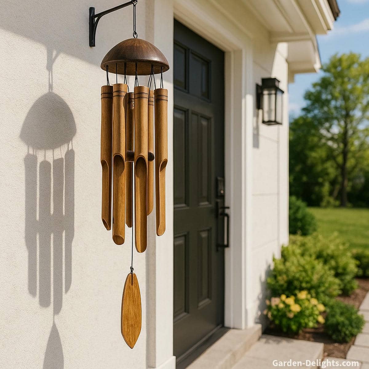 Bamboo housewarming wind chimes hanging beside a bright new home entryway, symbolizing grounding energy, warm prosperity blessings, and peaceful Chi for fresh beginnings