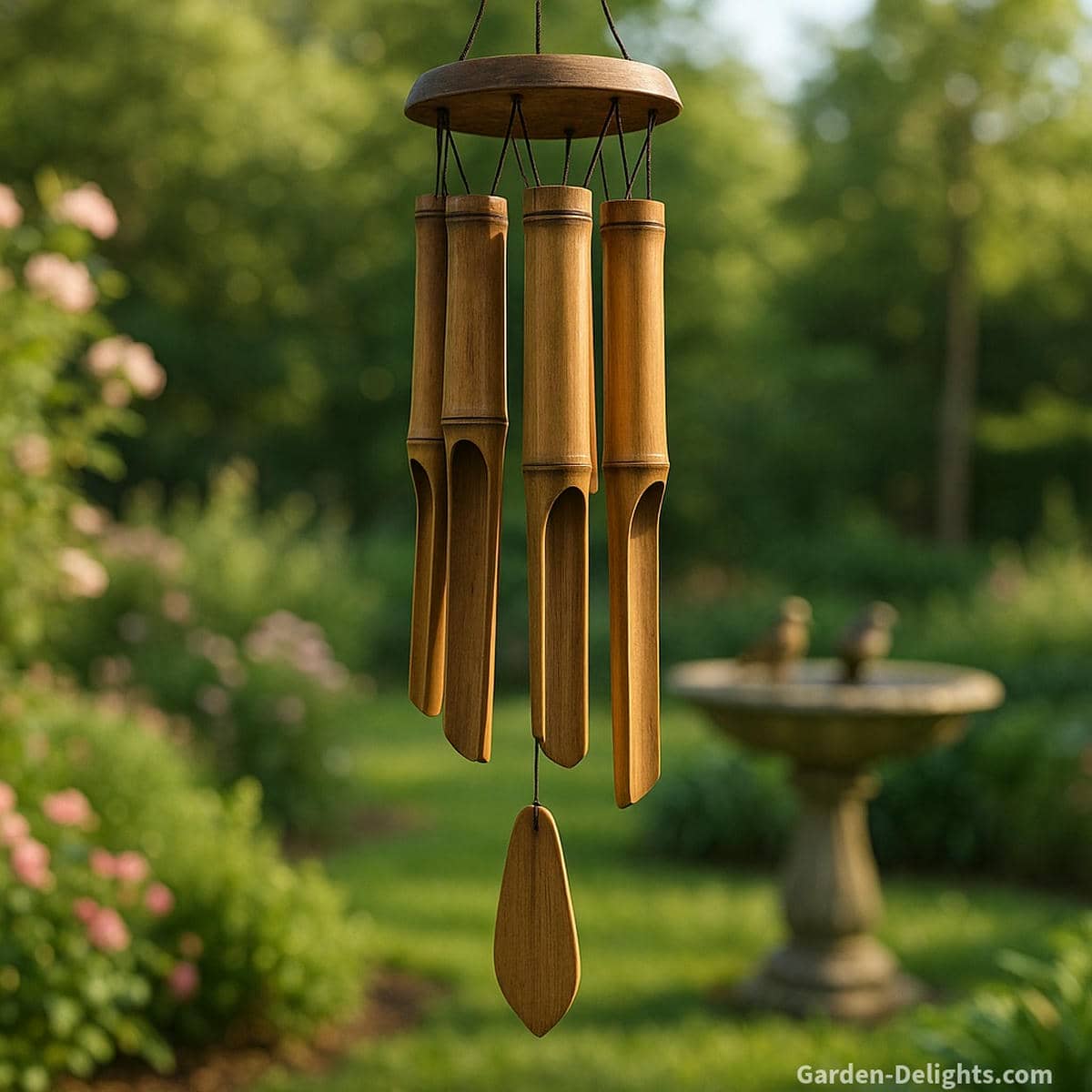 Bamboo wind chimes hanging in a serene garden with warm natural tones, soft wooden resonance, and eco-friendly design symbolizing growth, calmness, and grounding outdoor energy