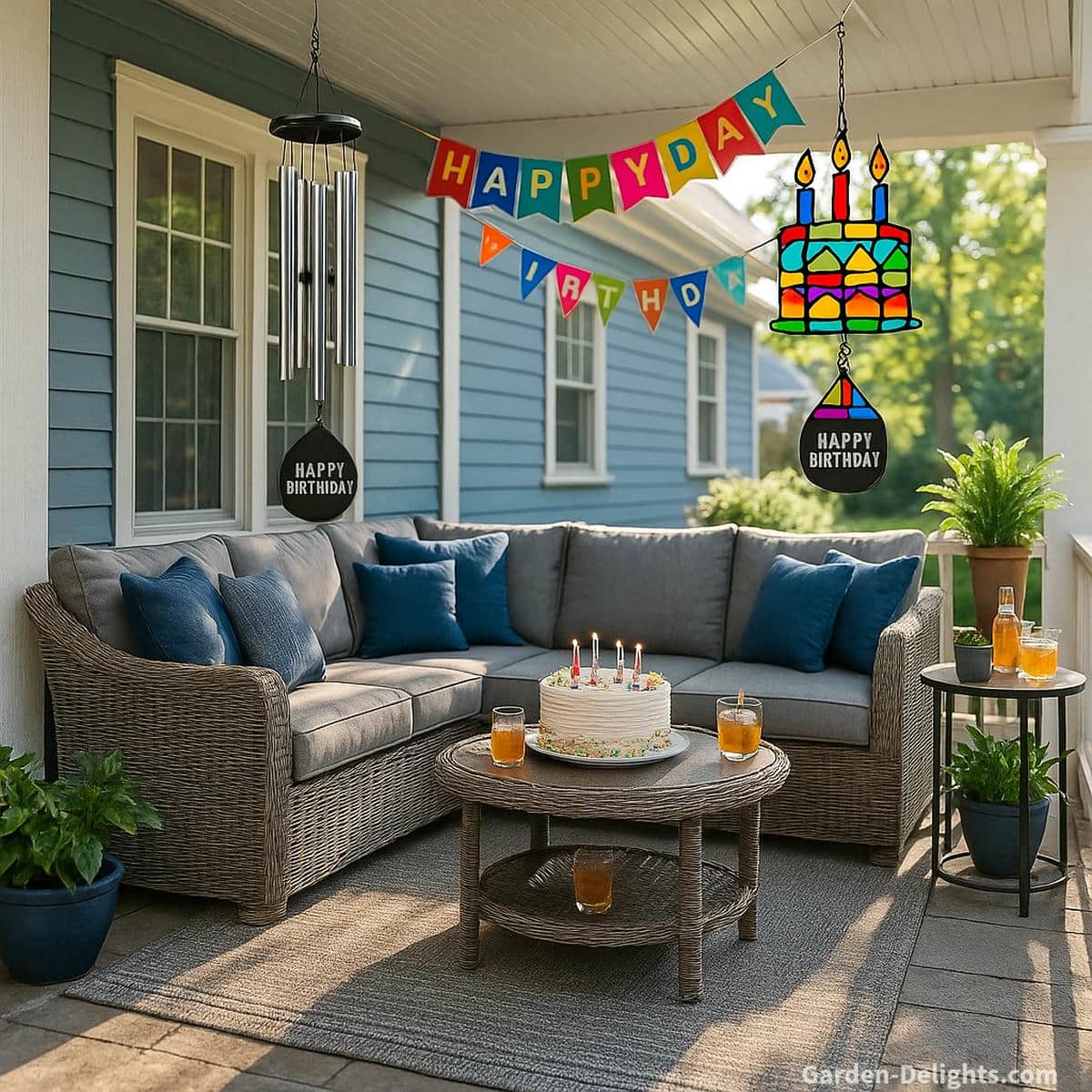 Birthday wind chimes hanging from a porch truss above a blue house with white trim, a wicker sectional with grey cushions, blue pillows, a birthday cake on the table, party decorations, and lush garden plants symbolizing celebration, good luck, and joyful new beginnings