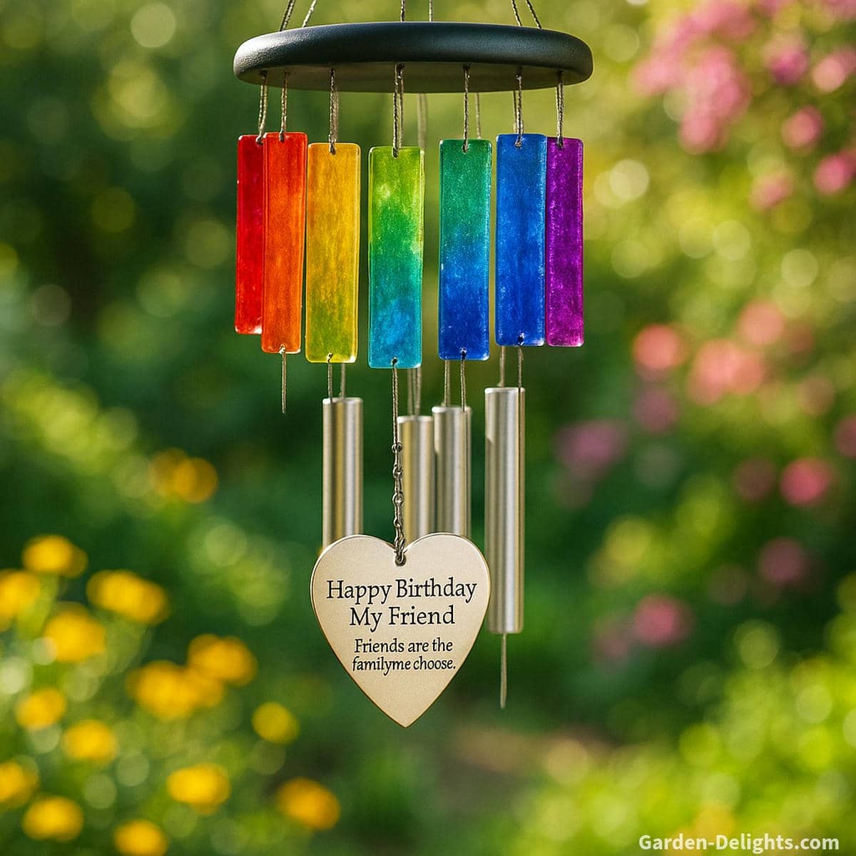 Colorful birthday wind chimes for friends with rainbow glass, shimmering sunlight, and a personalized charm celebrating friendship, joy, and shared memories