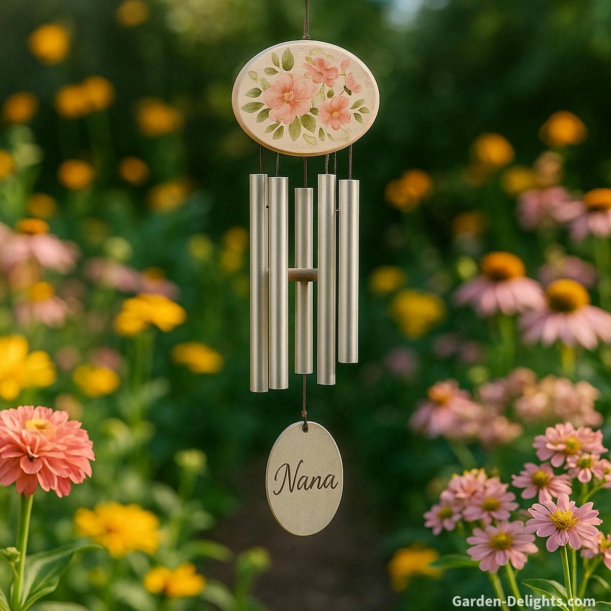 Birthday wind chimes for Grandmother with soft-tone aluminum tubes, pastel floral accents, and an engraved Nana charm hanging among sunlit garden flowers, symbolizing love, reflection, and keepsake family memories