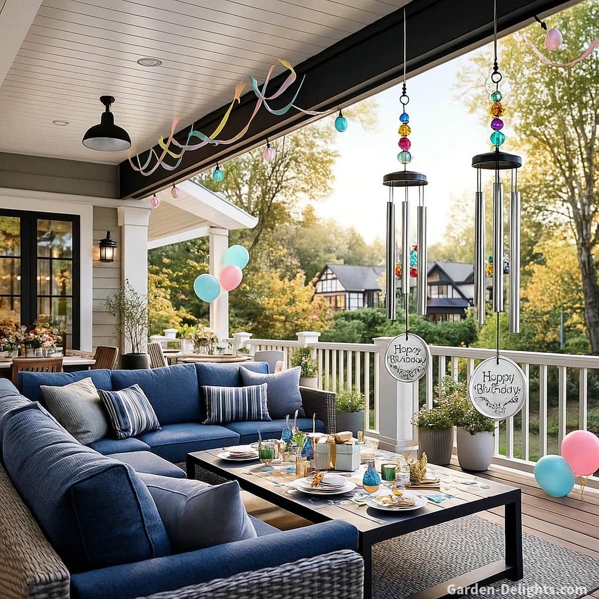 Birthday wind chimes hanging on a cozy patio deck with blue cushions, grey pillows, a black centerpiece table, and festive party touches symbolizing joyful outdoor celebration and meaningful engraved birthday gifts