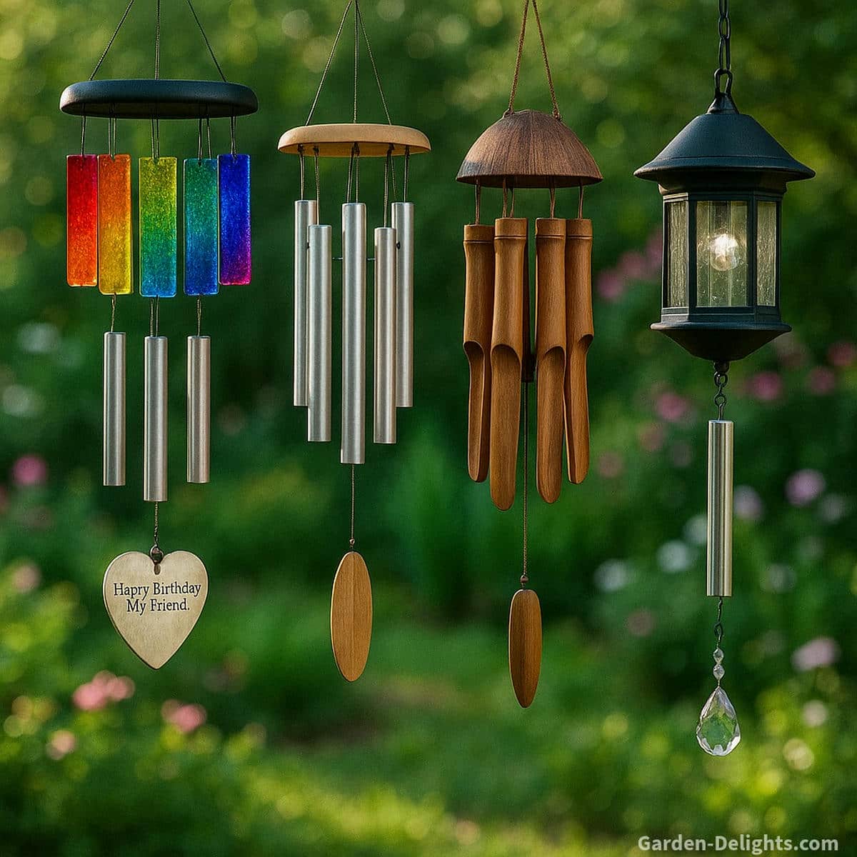 Glass, aluminum, bamboo, and solar birthday wind chimes displayed together in a garden, showing tone, color, and lighting differences for personalized birthday gifting