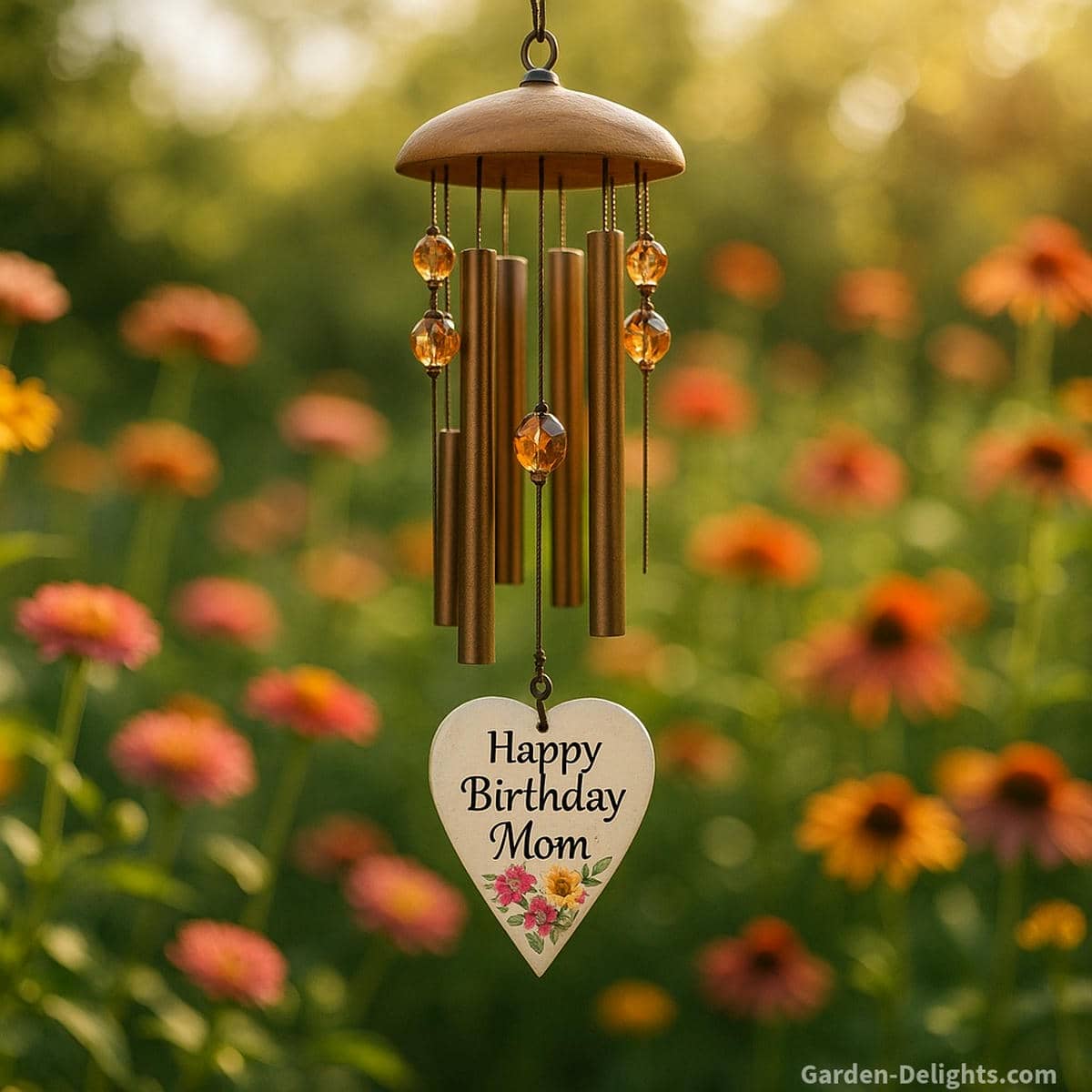 Floral birthday wind chimes for Mom with engraved charm, shimmering glass accents, and warm sunlit tones meaningful personalized birthday gift that celebrates love, gratitude, and emotional connection in garden spaces